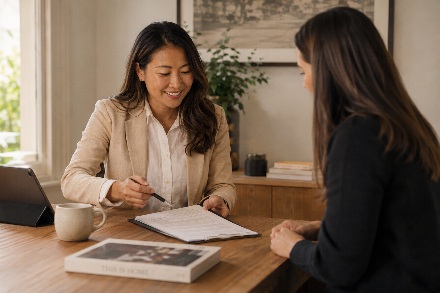 Sarah Kim across the table from a client, walking through comparable sales over coffee