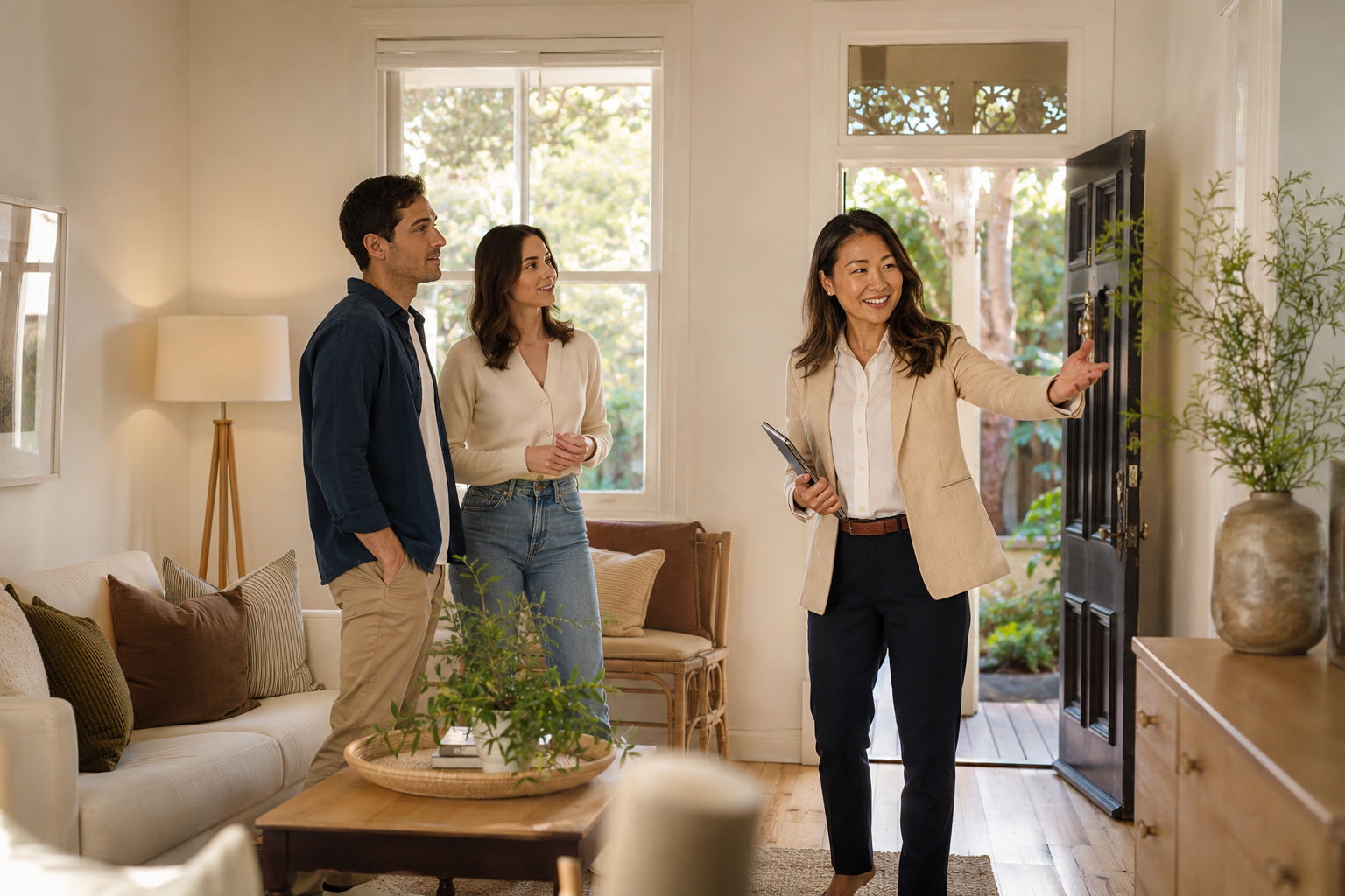 Sarah Kim showing a couple through an open inspection in a renovated Inner West terrace