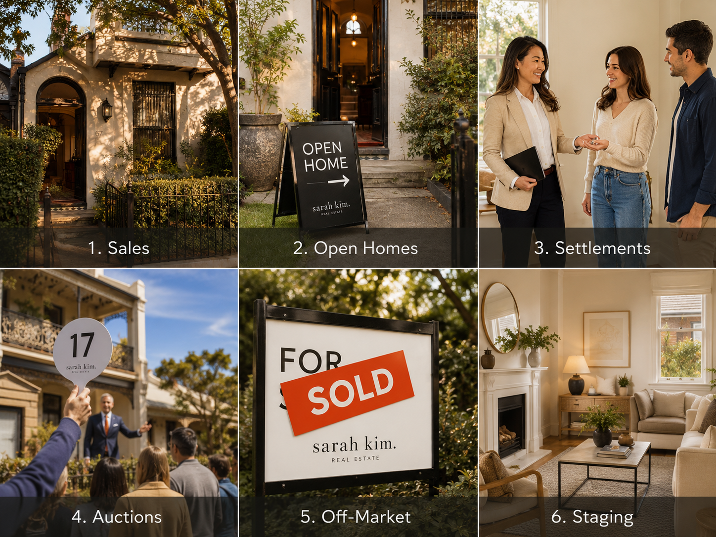 Six premium real estate moments: terrace sale, open home, settlement, auction, off-market, staging